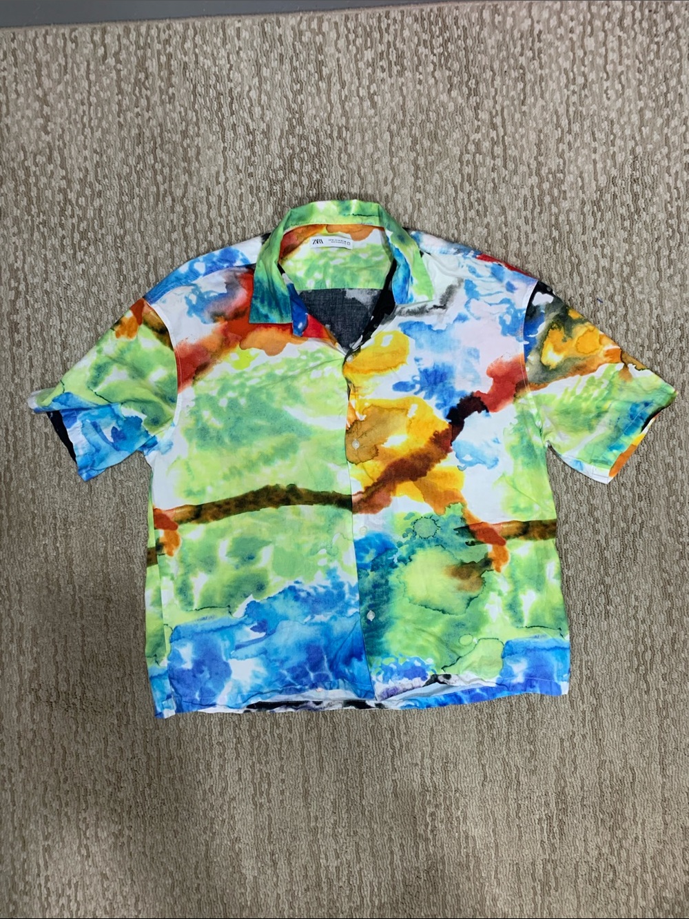 Zara Multicolor Watercolor-Print Short Sleeve Button-Down Shirt (460)